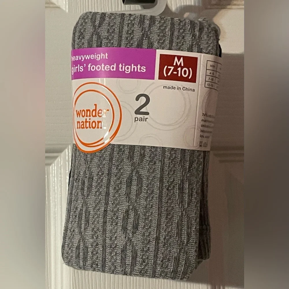 NWT WonderNation Girls Heavyweight Footed Tights‎ 2 Pack Cable Knit Gray Navy M